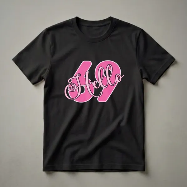 Black t-shirt featuring the text 'Hello 69' in a vibrant pink script with a darker pink outline, celebrating a 69th birthday.