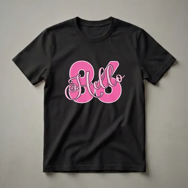 A black t-shirt featuring the graphic 'Hello 86' in bold pink with black outlines, celebrating an 86th birthday.