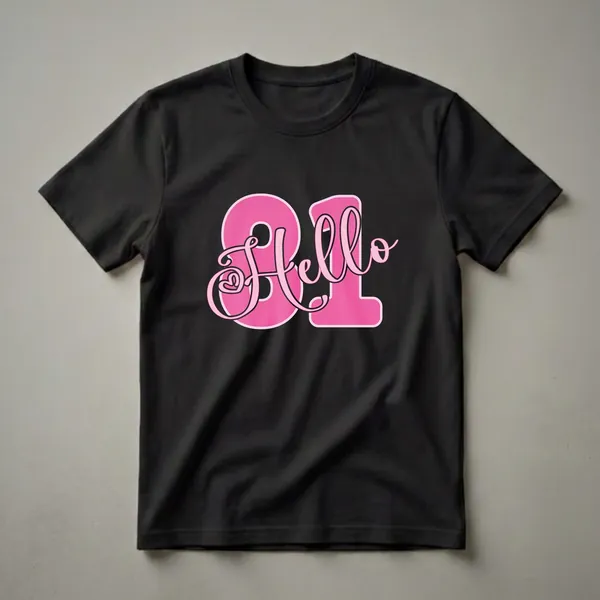 Pink 'Hello 81' graphic t-shirt with black outline, designed for women celebrating their 81st birthday.