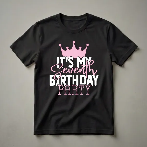 Black t-shirt with white and pink text that reads 'IT'S MY SEVENTH BIRTHDAY PARTY', topped with a pink crown and decorated with pink hearts.