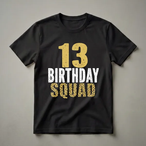 Black t-shirt with gold glitter textured number 13, distressed white text 'BIRTHDAY', and gold glitter textured text 'SQUAD'.