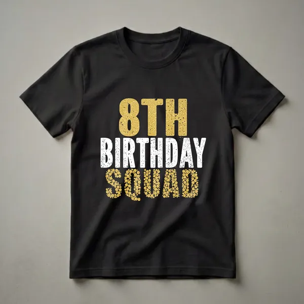 Black t-shirt with the text '8TH BIRTHDAY SQUAD' in distressed white and gold bubble-textured fonts.
