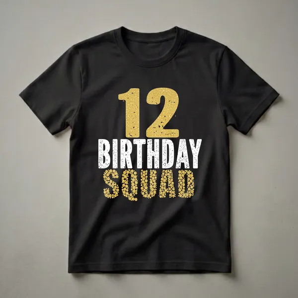 Black t-shirt with large gold textured number 12 above distressed white text that reads BIRTHDAY, followed by gold textured text that reads SQUAD.