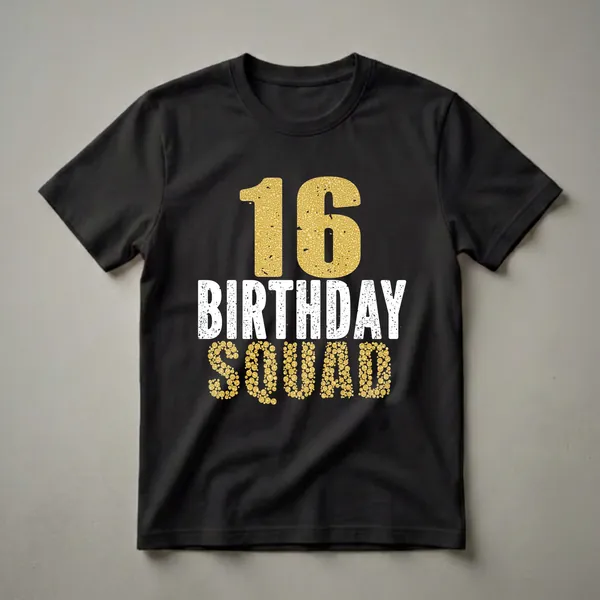 Black t-shirt with large gold textured '16' above distressed white and gold textured 'BIRTHDAY SQUAD'.