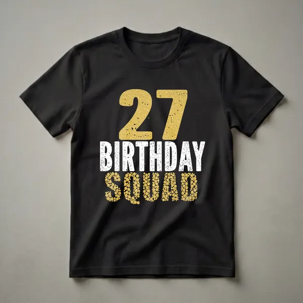 White t-shirt with large bold gold glitter number 27 at the top and SQUAD in gold glitter bubble letters below.