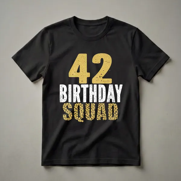 Black t-shirt with gold textured '42' above distressed white 'BIRTHDAY' and gold textured 'SQUAD'.