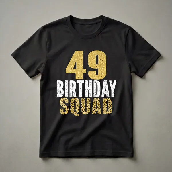 Black t-shirt with gold textured '49' above distressed white 'BIRTHDAY' and gold textured 'SQUAD'.