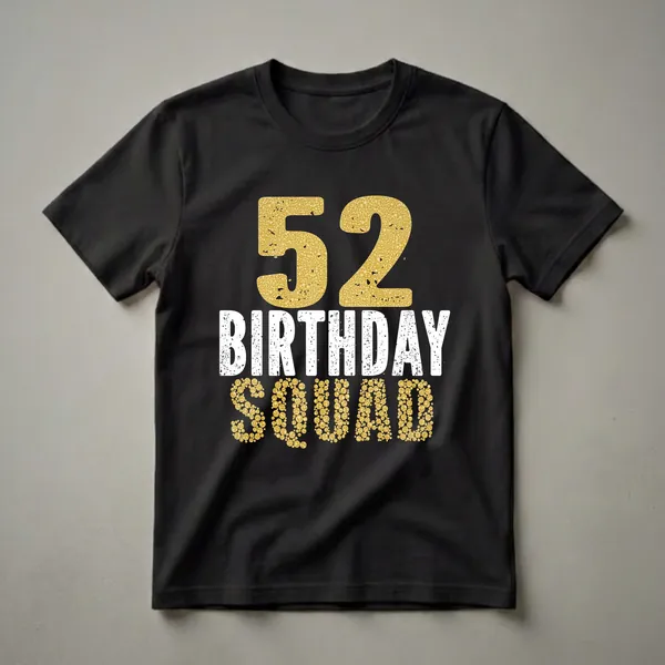 Black t-shirt with large gold bubbly textured '52' above distressed white 'BIRTHDAY' and gold bubbly textured 'SQUAD'.