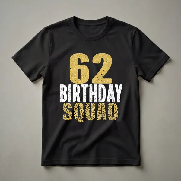 Black t-shirt with large gold textured number '62' above distressed white text 'BIRTHDAY' and gold textured text 'SQUAD'.