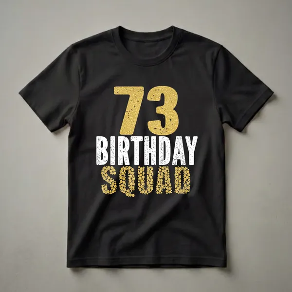 Black t-shirt with "73" in gold textured bubbles, "BIRTHDAY" in distressed white, and "SQUAD" in gold textured bubbles.