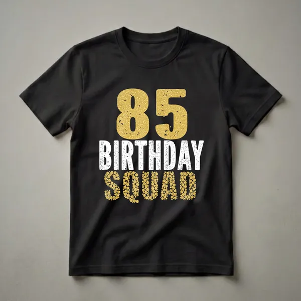 Black t-shirt with distressed white text 'BIRTHDAY' and distressed gold text '85' and 'SQUAD', with the numbers and 'SQUAD' filled with a pattern of small golden circles.