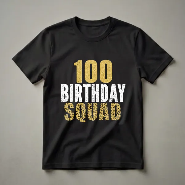 White t-shirt with large bold gold glitter number 100 at the top and SQUAD in gold glitter bubble letters below.