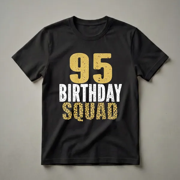 Black t-shirt with gold glitter '95' above distressed white 'BIRTHDAY' and gold glitter 'SQUAD' text, celebrating a 95th birthday.
