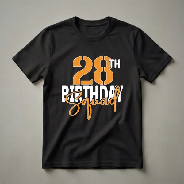Black t-shirt with the graphic '28th BIRTHDAY Squad' in orange and white lettering.