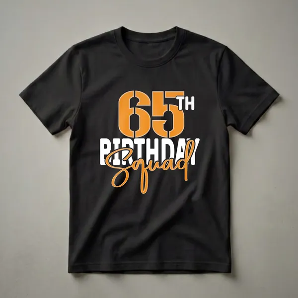 Black t-shirt with bold orange and white text that reads '65th Birthday Squad', featuring the number 65 and the word 'Squad' in a script font.