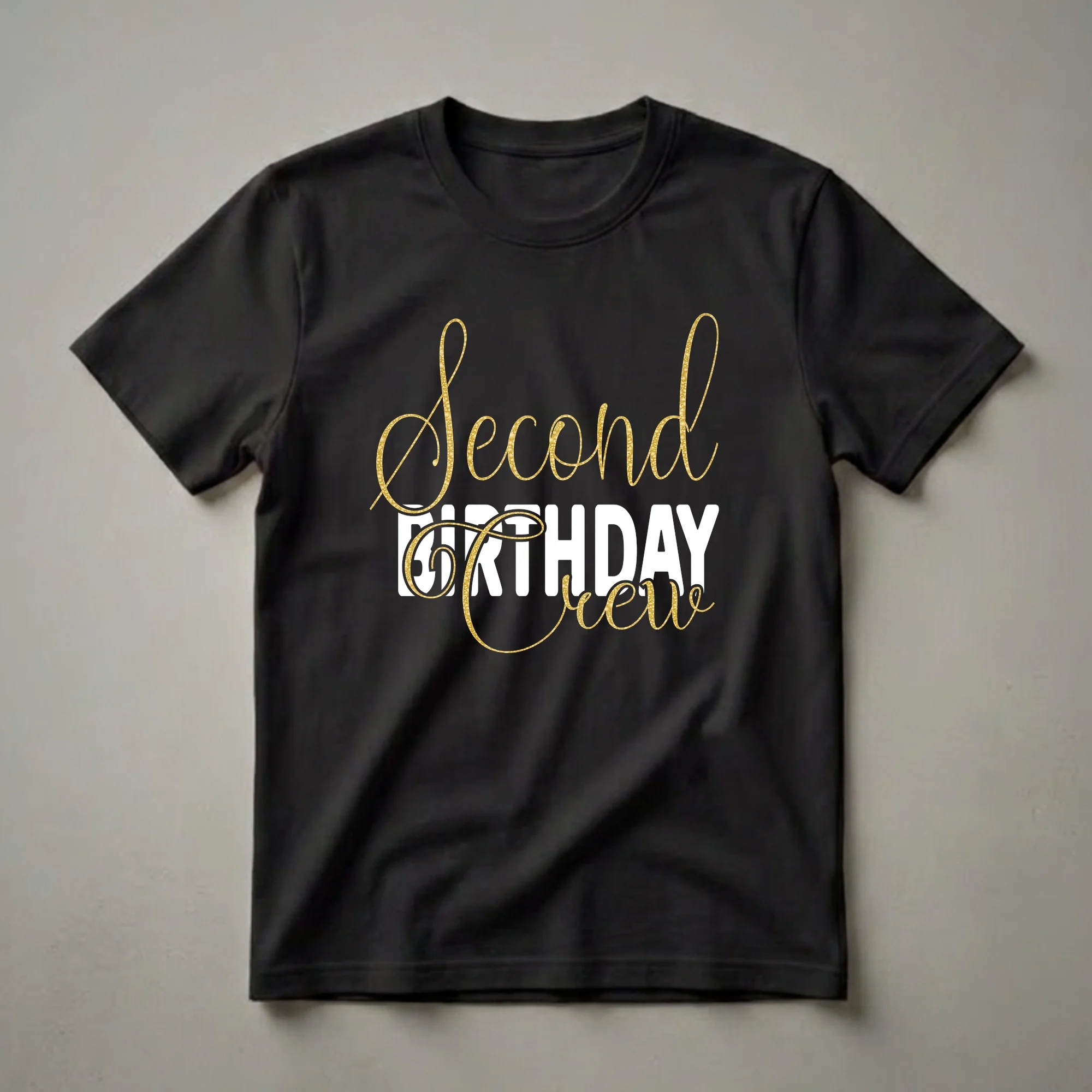 Black t-shirt with gold script 'Second' and 'Crew' and white block letters 'BIRTHDAY' for a second birthday party.