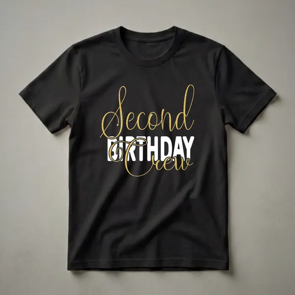 Black t-shirt with gold script 'Second' and 'Crew' and white block letters 'BIRTHDAY' for a second birthday party.