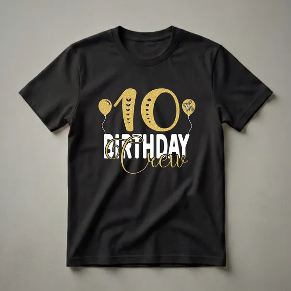 Black t-shirt with gold glitter effect '10' and 'crew' text, white 'BIRTHDAY' text, and gold balloons with 'th' on one balloon.