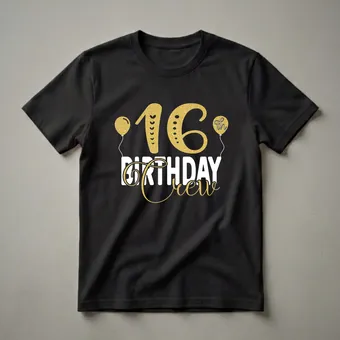 16th Birthday Crew Gold Glitter Graphic T-Shirt for Teens