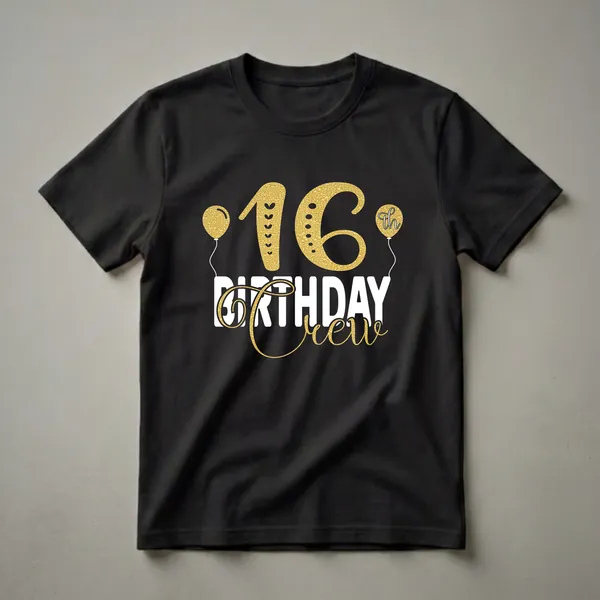 Black t-shirt with gold glitter '16' and white 'BIRTHDAY CREW' text, featuring two gold balloons.