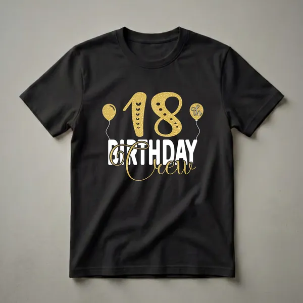 Black t-shirt with gold glitter textured '18' and 'th' balloons, and white and gold 'BIRTHDAY CREW' text.