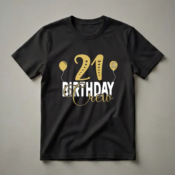 White t-shirt design with bold gold glitter '21st' text and two small balloon shapes at top, and 'Crew' in flowing gold glitter cursive script below.