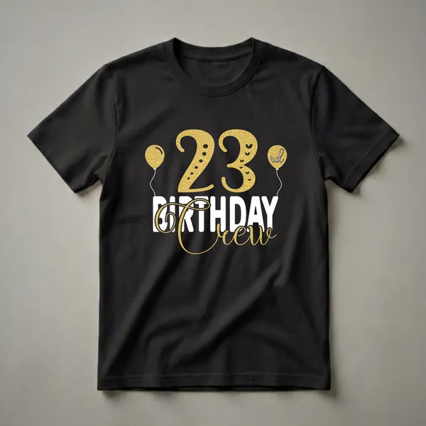 Black t-shirt with gold glitter '23' and 'BIRTHDAY CREW' text, flanked by gold glitter balloons.