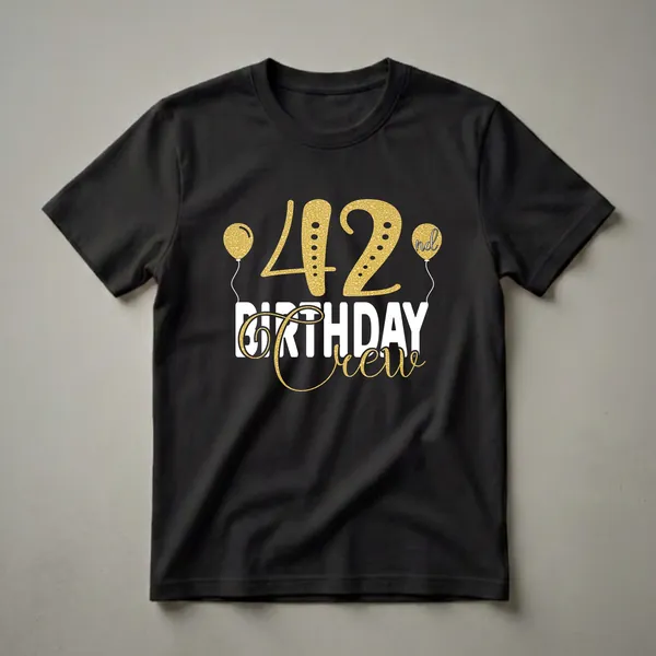Black t-shirt with a gold glitter '42' and 'Birthday Crew' text, accented by gold glitter balloons.
