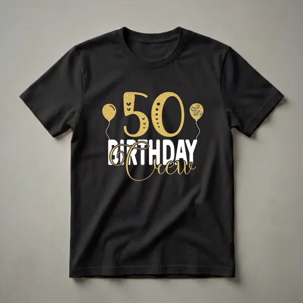 Black t-shirt with gold and white text that reads '50th Birthday Crew', featuring gold balloons and glitter-like textures.