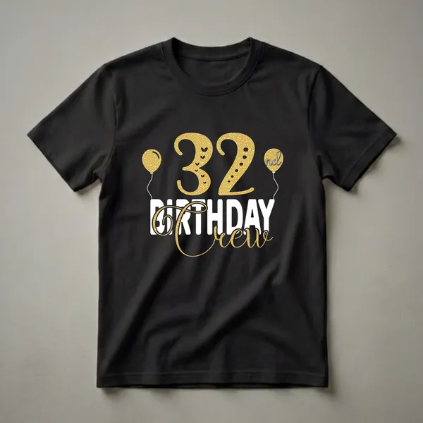 Black t-shirt with a gold and white '32nd Birthday Crew' graphic, featuring balloons and glitter-like textures.