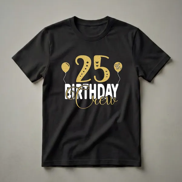 Black t-shirt with gold glitter "25" and "Crew" text, white "BIRTHDAY" text, and gold balloons with "th" detail.