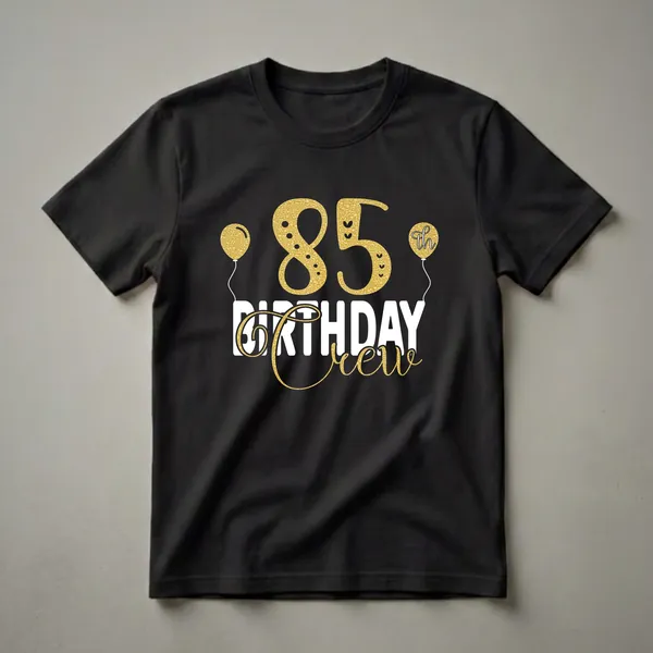 Black t-shirt with gold glitter '85' and 'Birthday Crew' text, plus gold balloons, for an 85th birthday party.