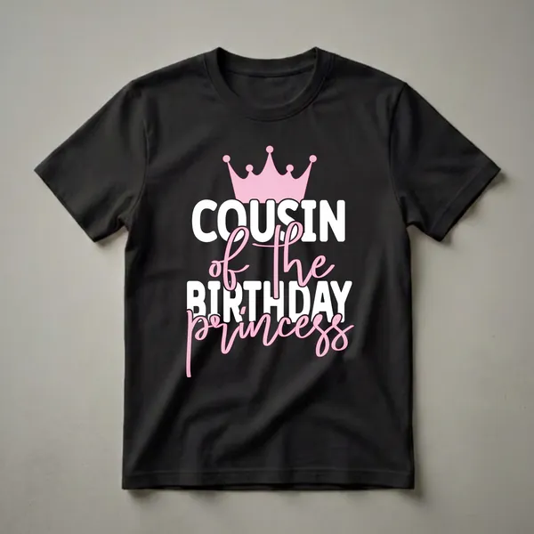 Black t-shirt with white and pink text that reads 'COUSIN of the BIRTHDAY princess' and a pink crown graphic.