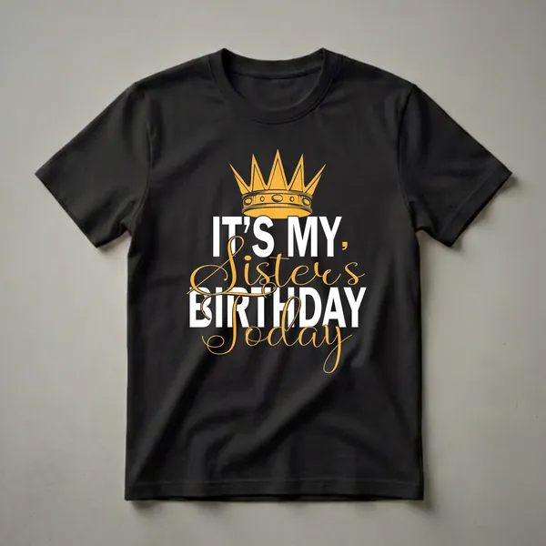 Black t-shirt with a golden crown graphic and white and gold text that reads 'IT'S MY, Sister's BIRTHDAY Today'.