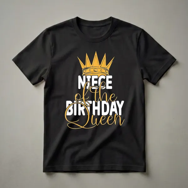 Black t-shirt with a golden crown graphic above white and gold text that reads 'NIECE of the BIRTHDAY Queen'.
