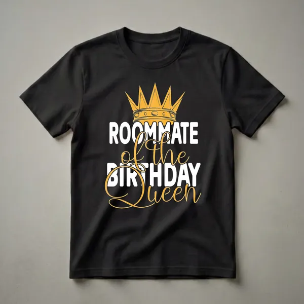 Black t-shirt with a golden crown graphic and white text that reads 'ROOMMATE of the BIRTHDAY Queen'.