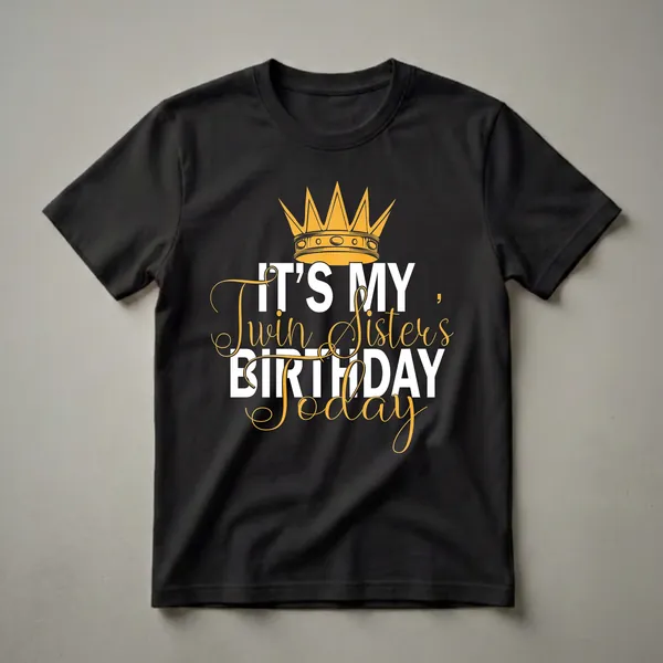 Black t-shirt with a golden crown graphic and white text that reads 'IT'S MY Twin Sister's BIRTHDAY Today'.