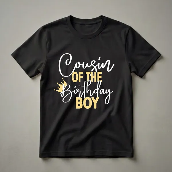 Black t-shirt with white and gold text that reads 'Cousin OF THE Birthday BOY' and a gold crown graphic.