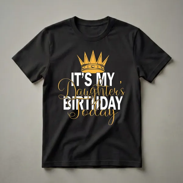 Black t-shirt with a golden crown graphic and white and gold text that reads 'IT'S MY Daughter's BIRTHDAY Today'.