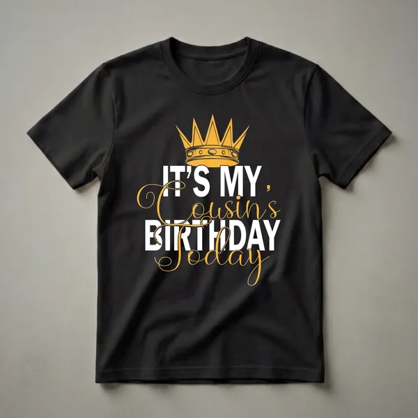 Black t-shirt with a golden crown graphic above white text reading 'IT'S MY BIRTHDAY' and gold cursive text reading 'Cousin's TODAY'.