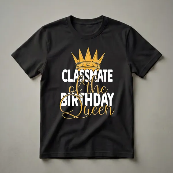 Black t-shirt with white and gold text that reads 'CLASSMATE of the BIRTHDAY Queen', topped with a golden crown graphic.
