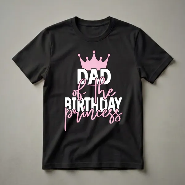 Black t-shirt with a pink crown graphic and white and pink text that reads 'DAD of the BIRTHDAY princess'.