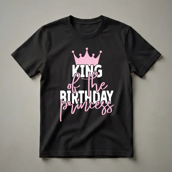 Black t-shirt with a pink crown and white and pink text that reads 'KING of the BIRTHDAY princess'.