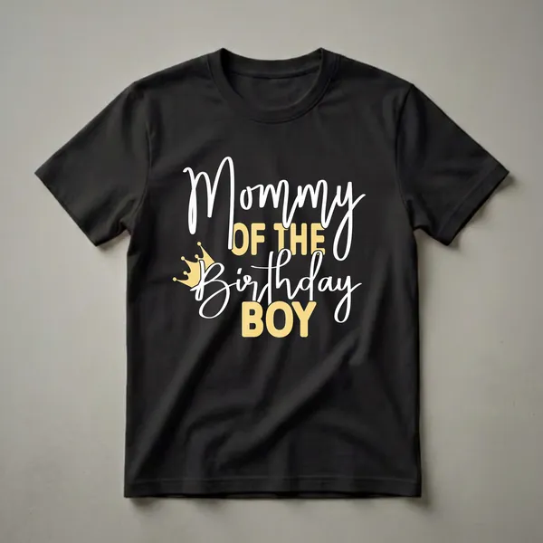 Black t-shirt with white and gold text that reads 'Mommy OF THE Birthday BOY' and a golden crown graphic.