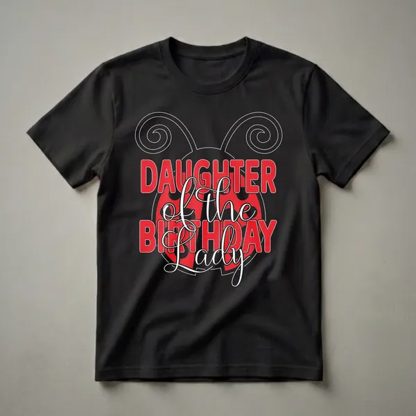 Black t-shirt with white and red graphic text that reads 'DAUGHTER of the BIRTHDAY LADY' with ladybug-inspired design elements.