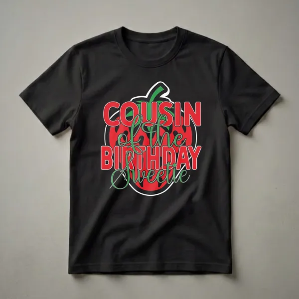 Black t-shirt with red and green text that reads 'Cousin of the Birthday Sweetie' arranged around a strawberry graphic.