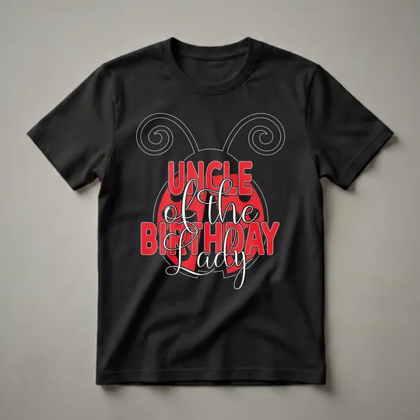 Black t-shirt with red and white graphic text that reads 'Uncle of the Birthday Lady' overlaid on a ladybug illustration.