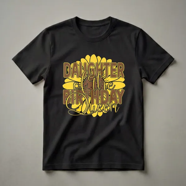 Black t-shirt with a yellow sunflower graphic and brown text that reads "Daughter of the Birthday Queen".