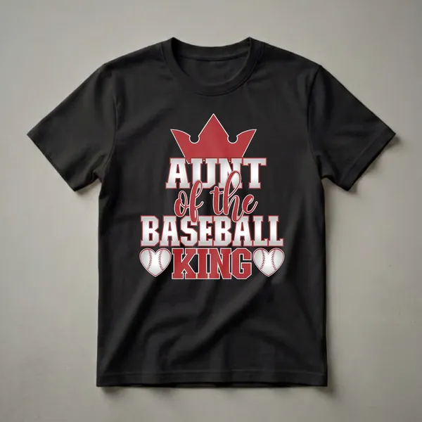 Black t-shirt with red and silver text that reads 'Aunt of the Baseball King', featuring a crown above and baseball heart graphics below.