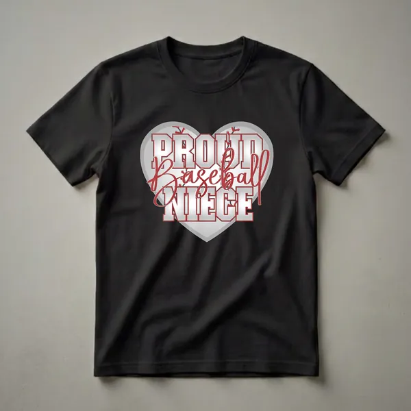 White and red 'Proud Baseball Niece' graphic t-shirt design with a heart-shaped baseball background.